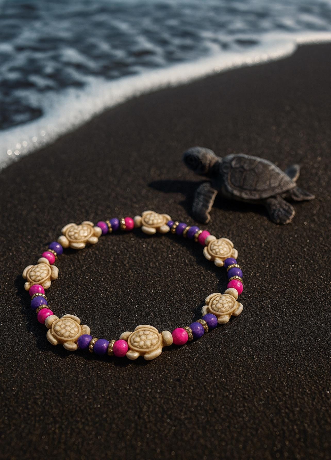 Sea Turtle Bracelet: Pink, Purple, and Gold Beads