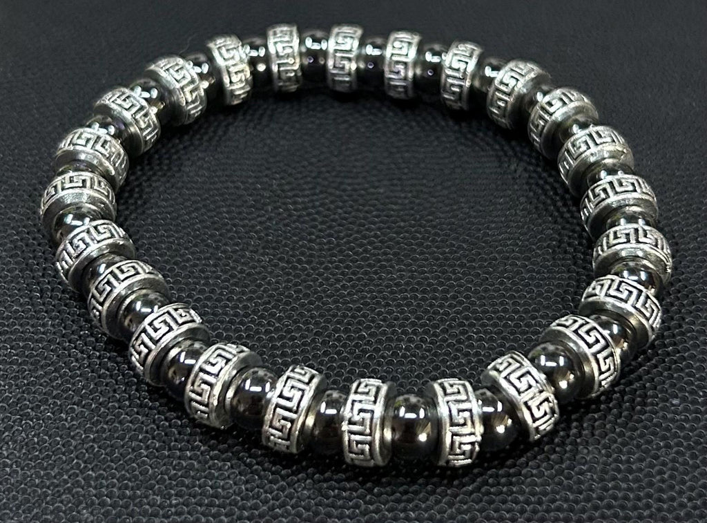 Black Silver Greek Key Bracelet, Engraved Spacers, Polished Beads, Mens Beaded Jewelry