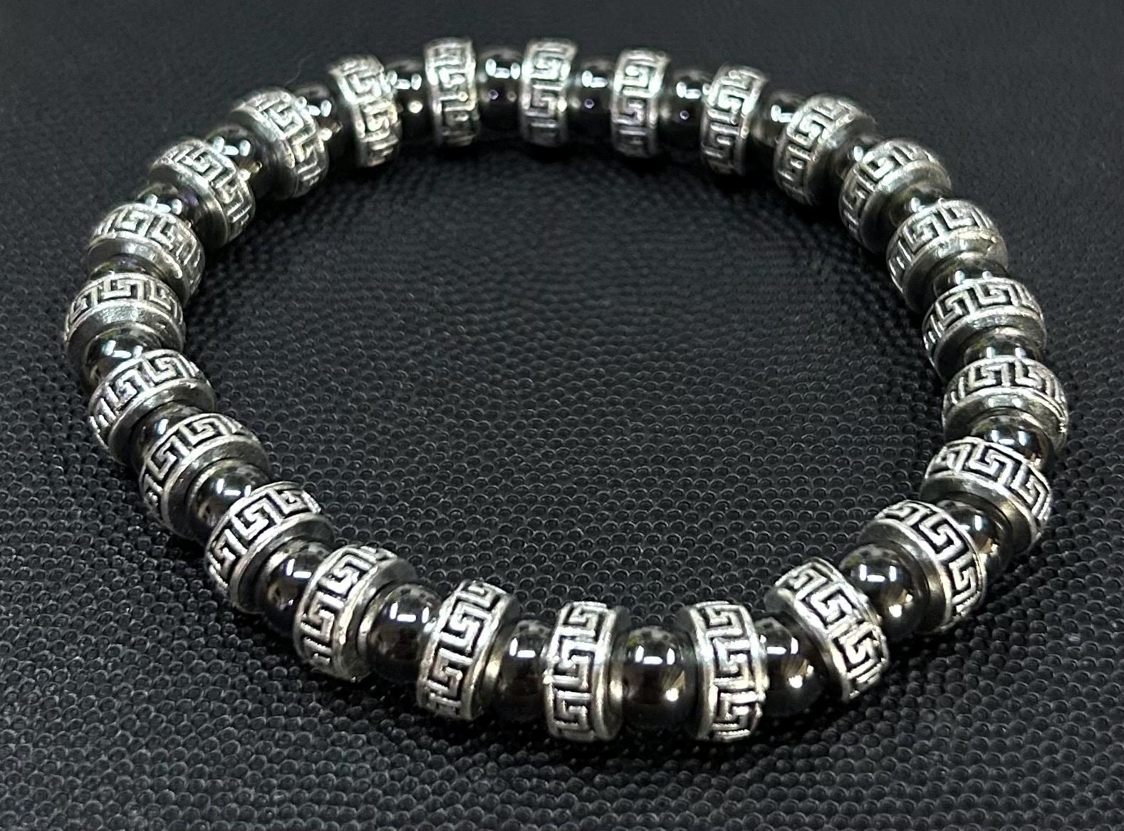 Black Silver Greek Key Bracelet, Engraved Spacers, Polished Beads, Mens Beaded Jewelry