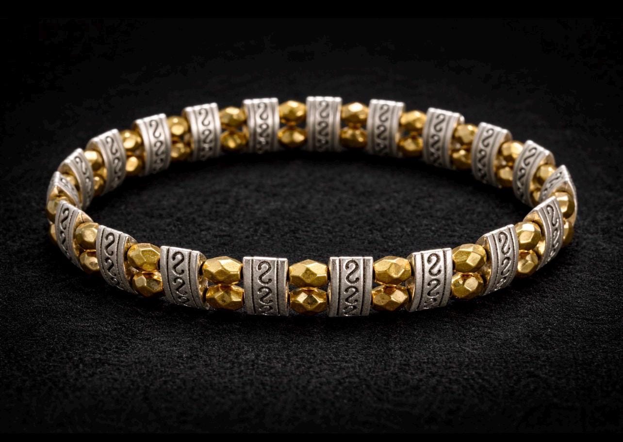 Men's Two-Tone Aztec Bracelet, Mixed Metal Beaded Jewelry