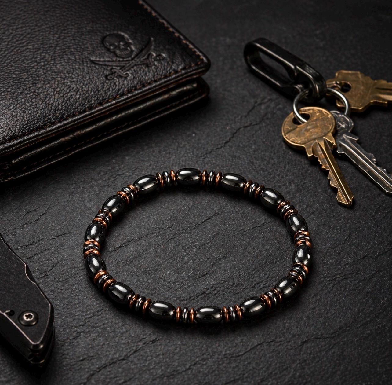 Obsidian Copper Accent Bracelet – Men's Minimalist Beaded Jewelry