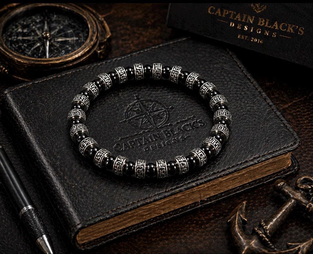 Black Silver Greek Key Bracelet, Engraved Spacers, Polished Beads, Mens Beaded Jewelry
