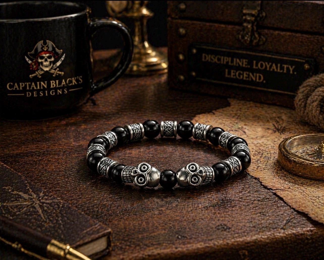Men's Skull Bracelet – Black Beaded Gothic Jewelry – Captain Black's Designs