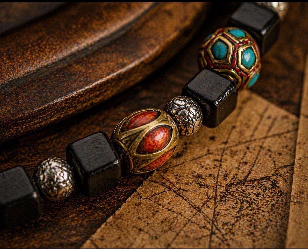 Atlas Forge Men’s Bracelet – Black Cube Beads, Silver Accents, Artisan Focal Beads