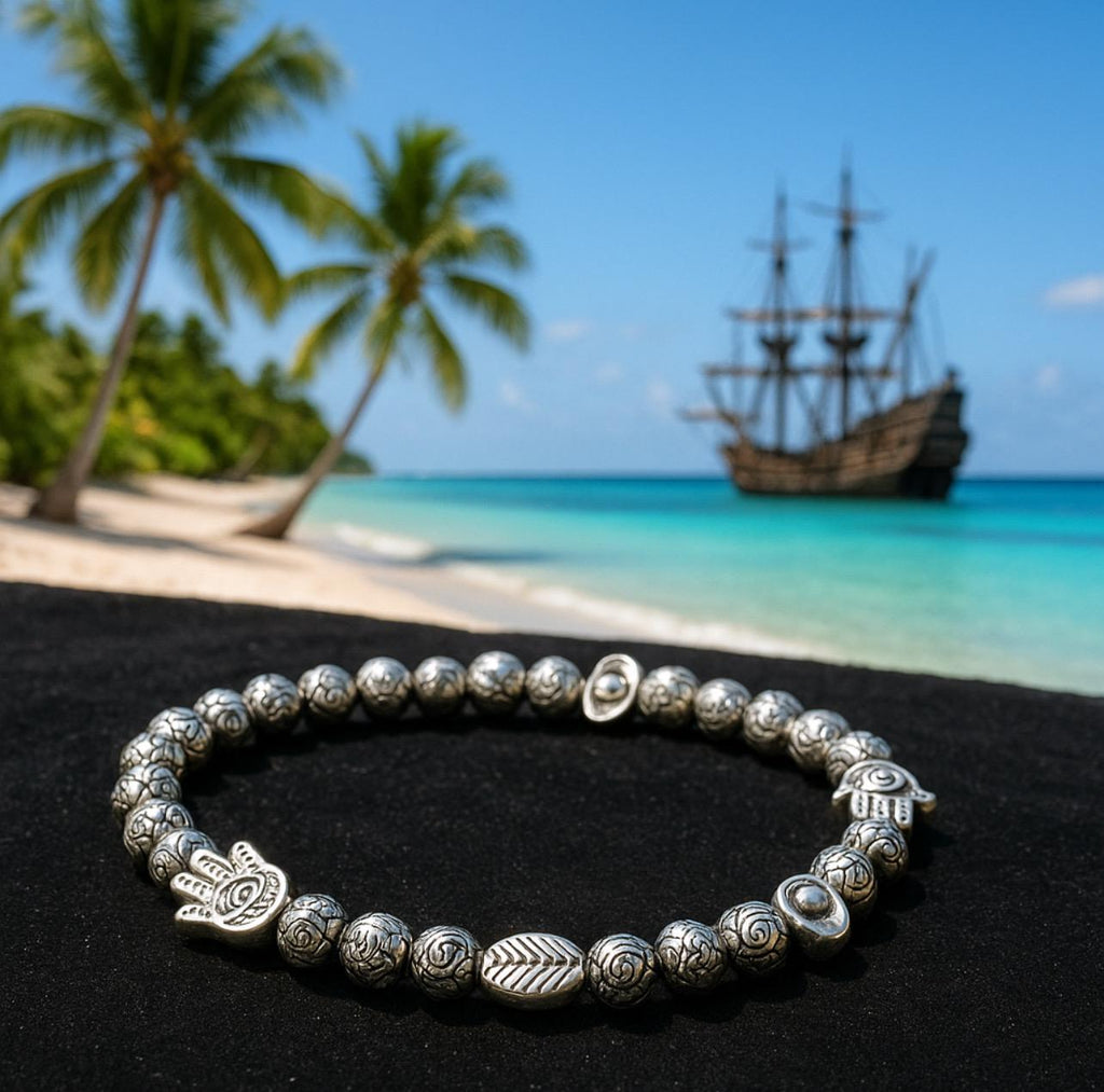 Silver Beaded Charm Bracelet: Pirate Treasure Style