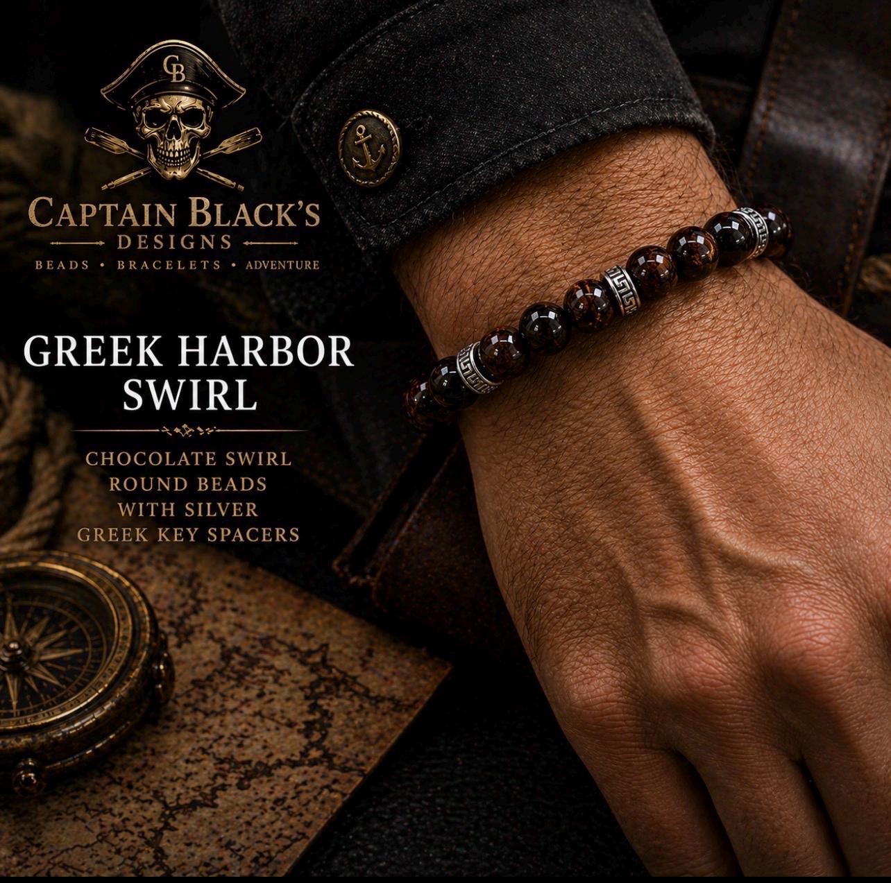 Greek Harbor Swirl Bracelet – Men’s Brown Beaded Jewelry with Silver Greek Key Spacers