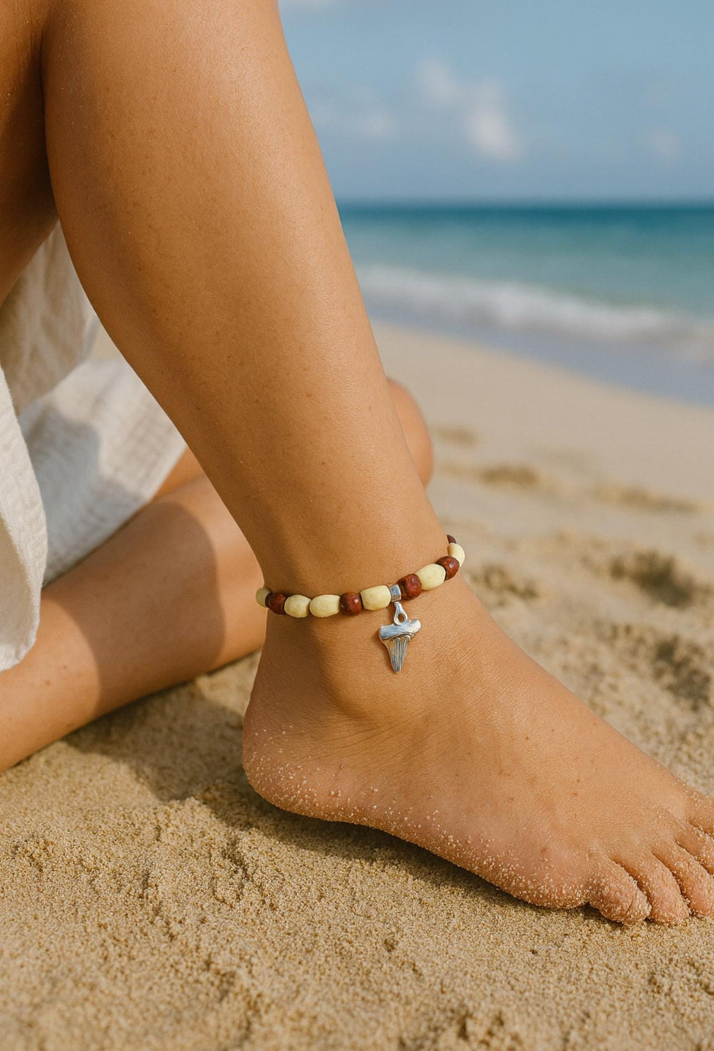 Bamboo Bead Anklet with Sliver Shark Teeth