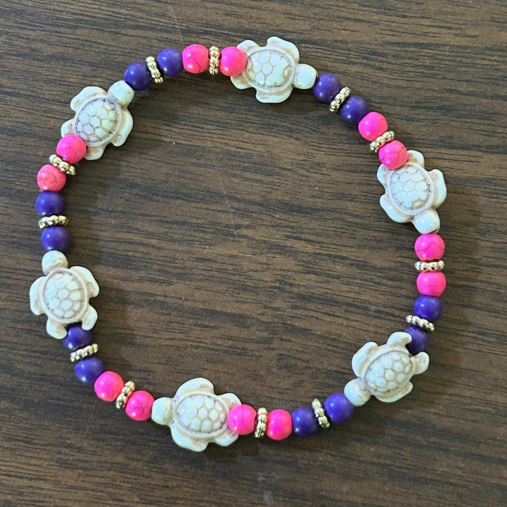 Sea Turtle Bracelet: Pink, Purple, and Gold Beads