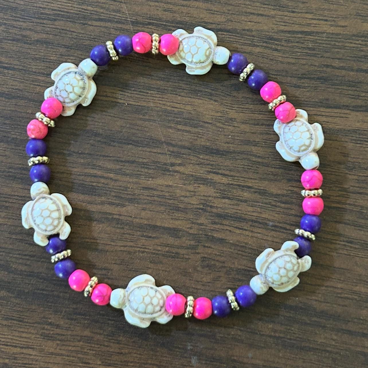 Sea Turtle Bracelet: Pink, Purple, and Gold Beads