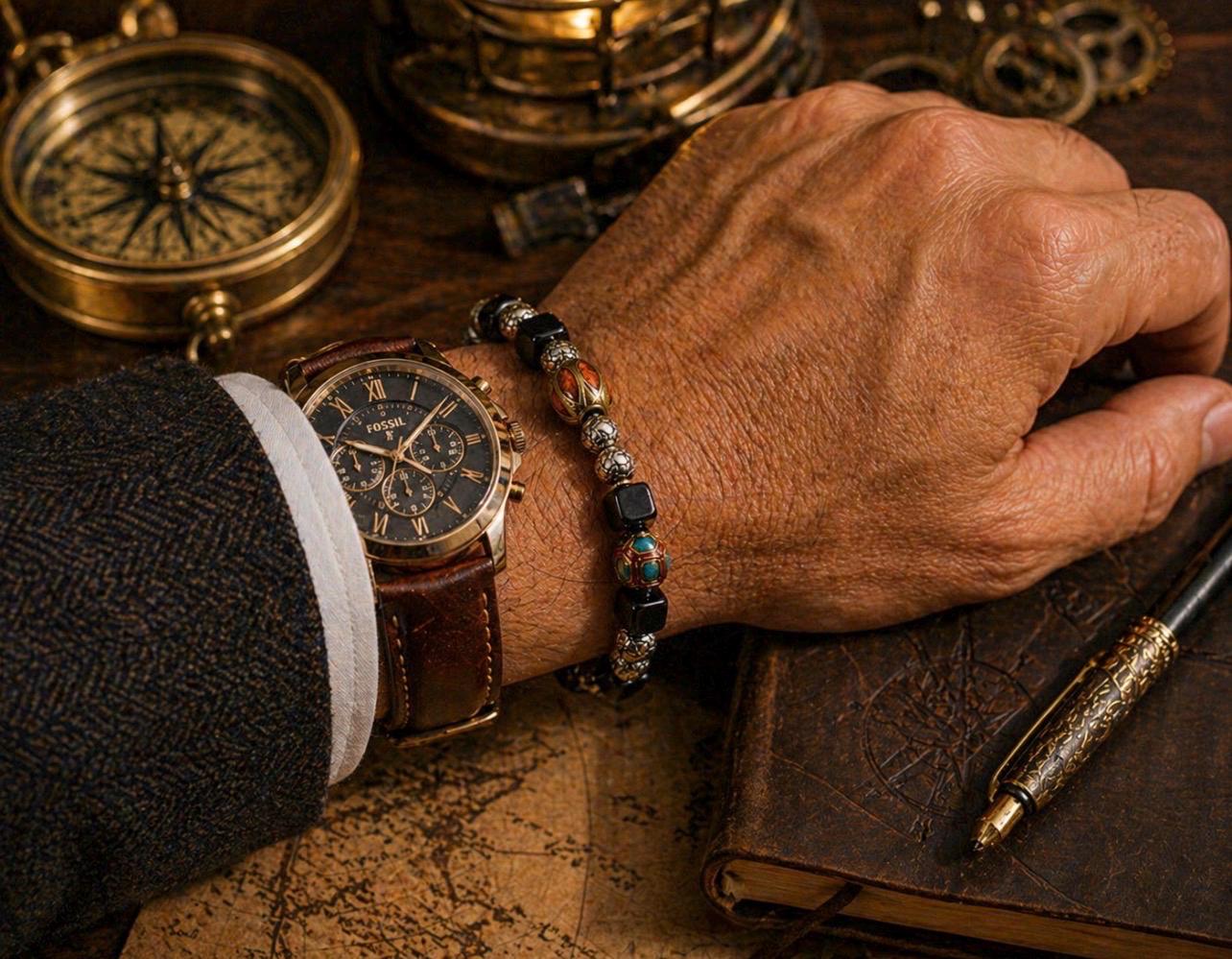 Atlas Forge Men’s Bracelet – Black Cube Beads, Silver Accents, Artisan Focal Beads