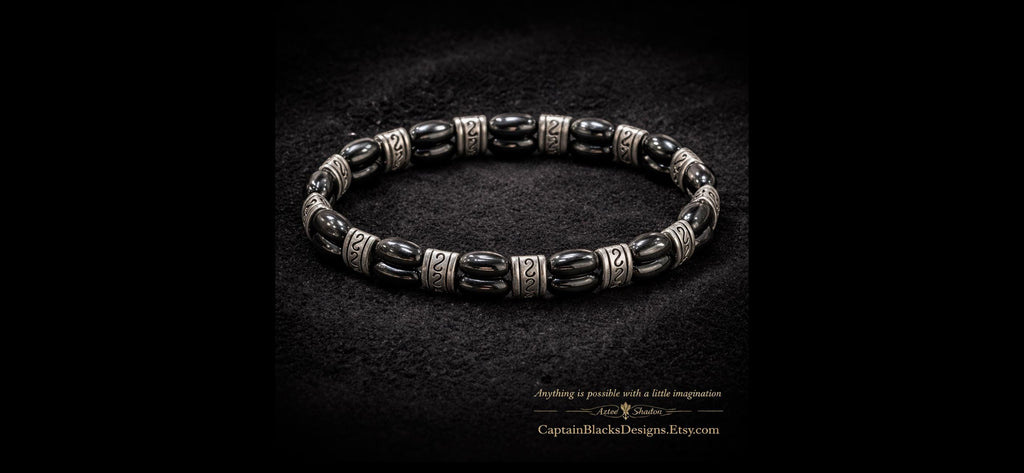 Men's Black Oval Bead Bracelet, Engraved Silver Spacers, Tribal Style Jewelry