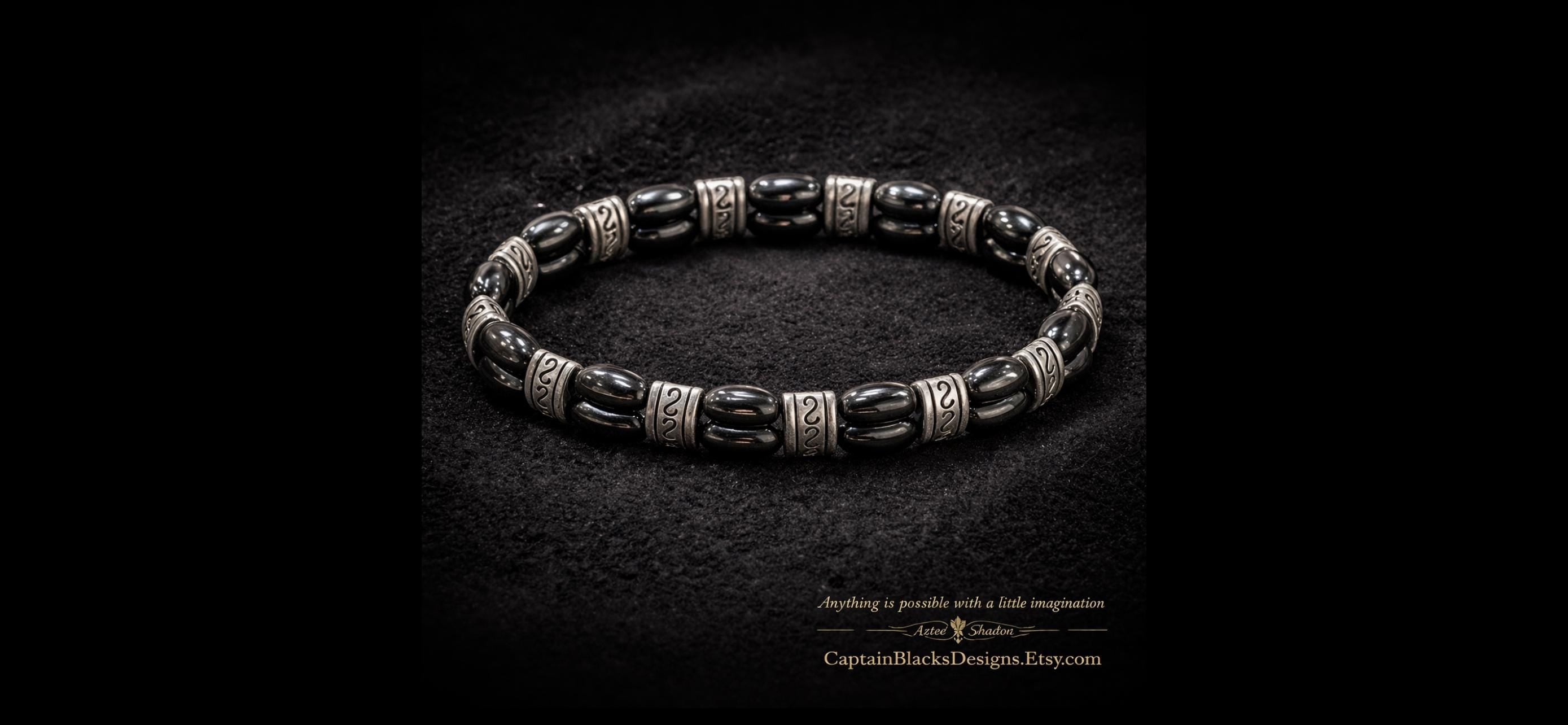 Men's Black Oval Bead Bracelet, Engraved Silver Spacers, Tribal Style Jewelry