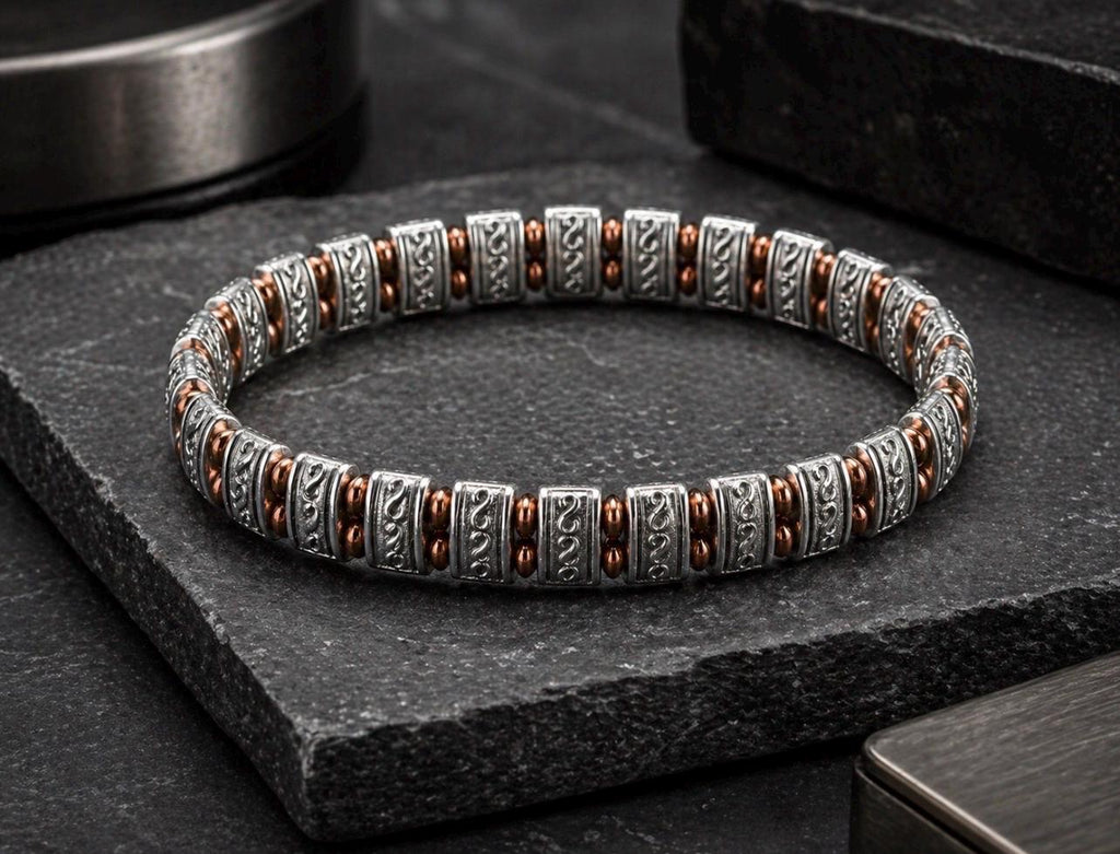 Engraved Silver-Toned Copper Beaded Bracelet – Men’s Modern Masculine Jewelry