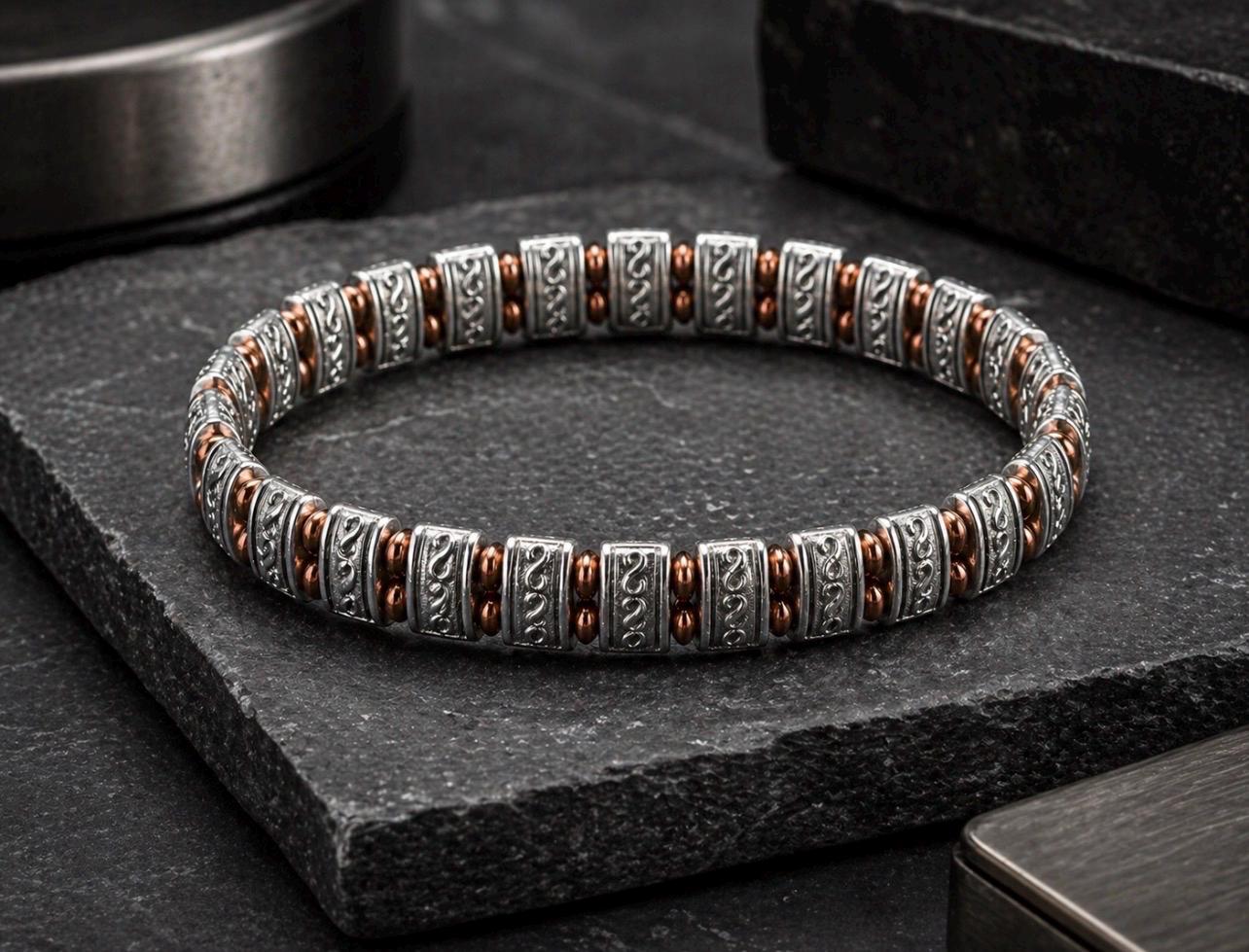 Engraved Silver-Toned Copper Beaded Bracelet – Men’s Modern Masculine Jewelry