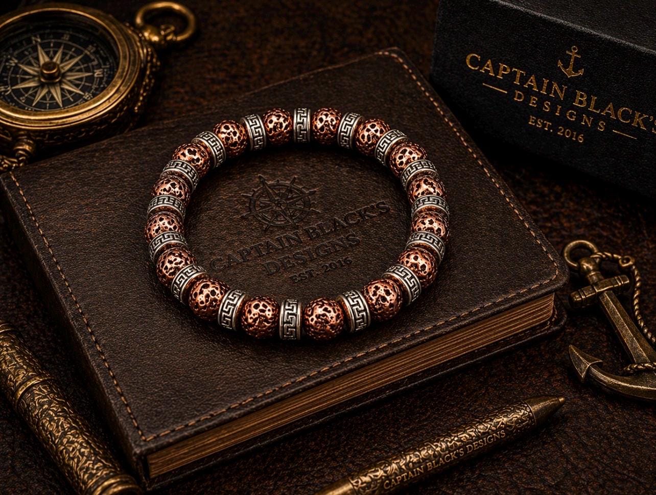 Copper Lava Greek Key Bracelet, Tribal Beaded Stretch Jewelry, Captain Black's Designs