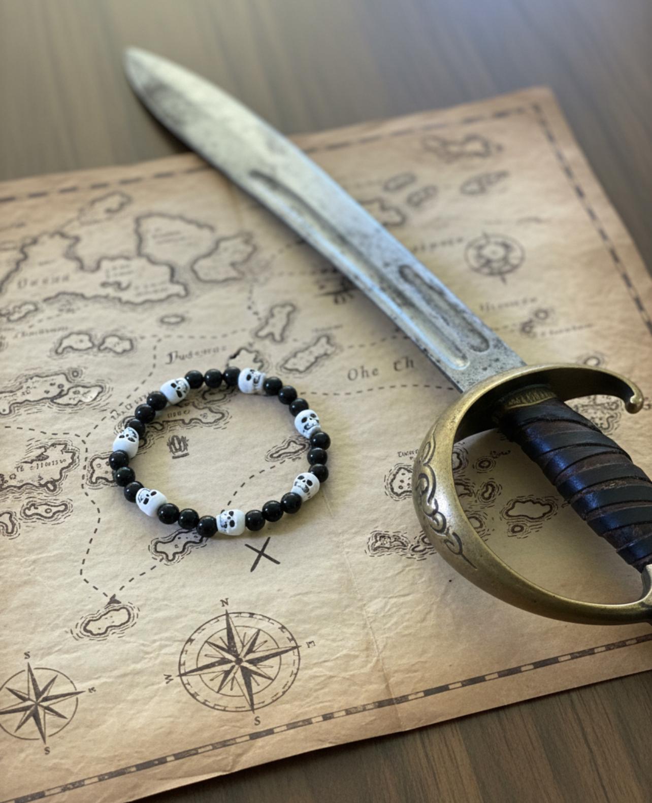 Skull Bracelet: Black Onyx Pirate Beads