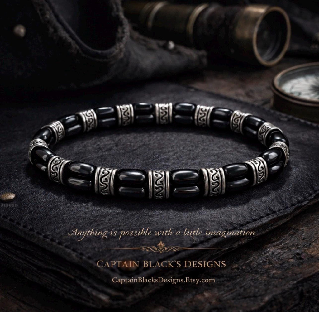 Men's Black Oval Bead Bracelet, Engraved Silver Spacers, Tribal Style Jewelry