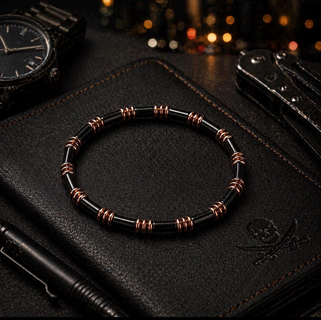 Copper Vector Bracelet – Black Tube Beads, Industrial Minimalist Jewelry