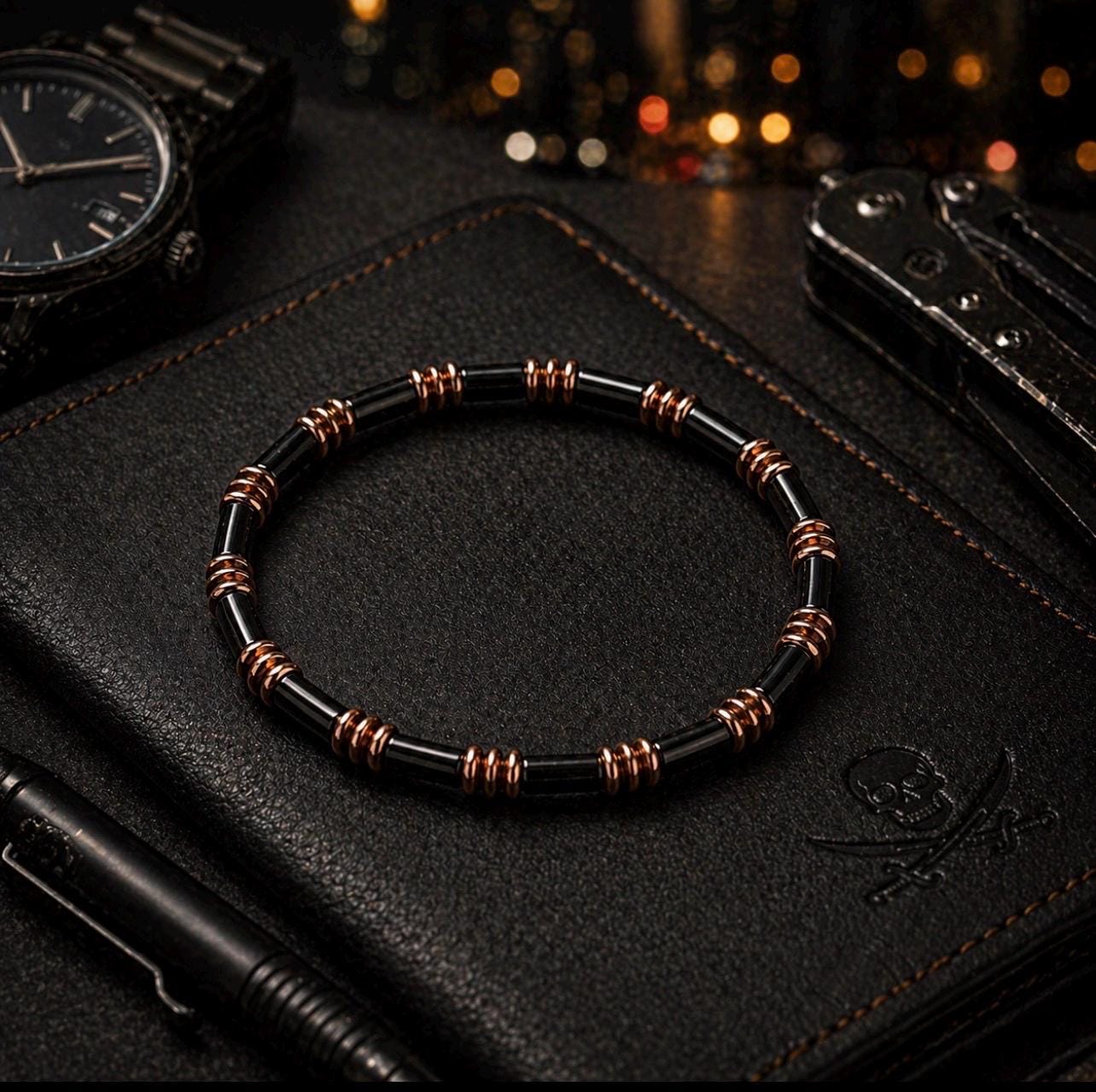 Copper Vector Bracelet – Black Tube Beads, Industrial Minimalist Jewelry