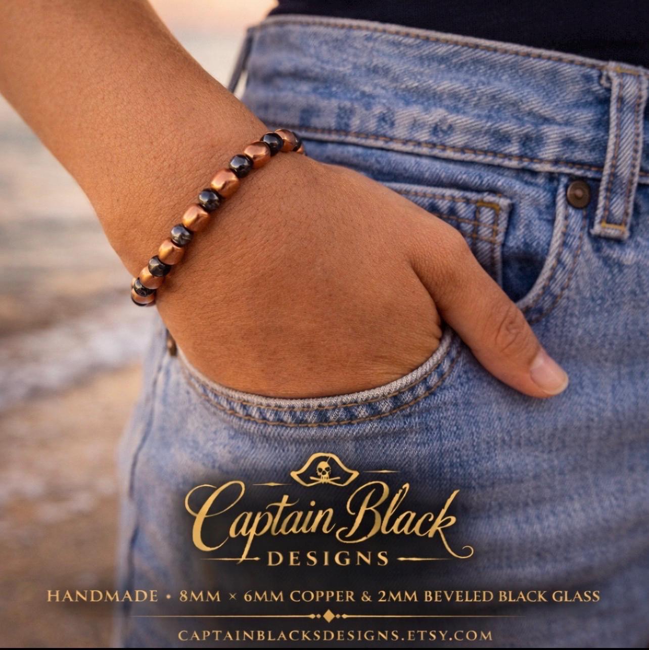 Copper Black Beaded Bracelet | Oval Copper, Faceted Glass, Minimalist Stackable Jewelry