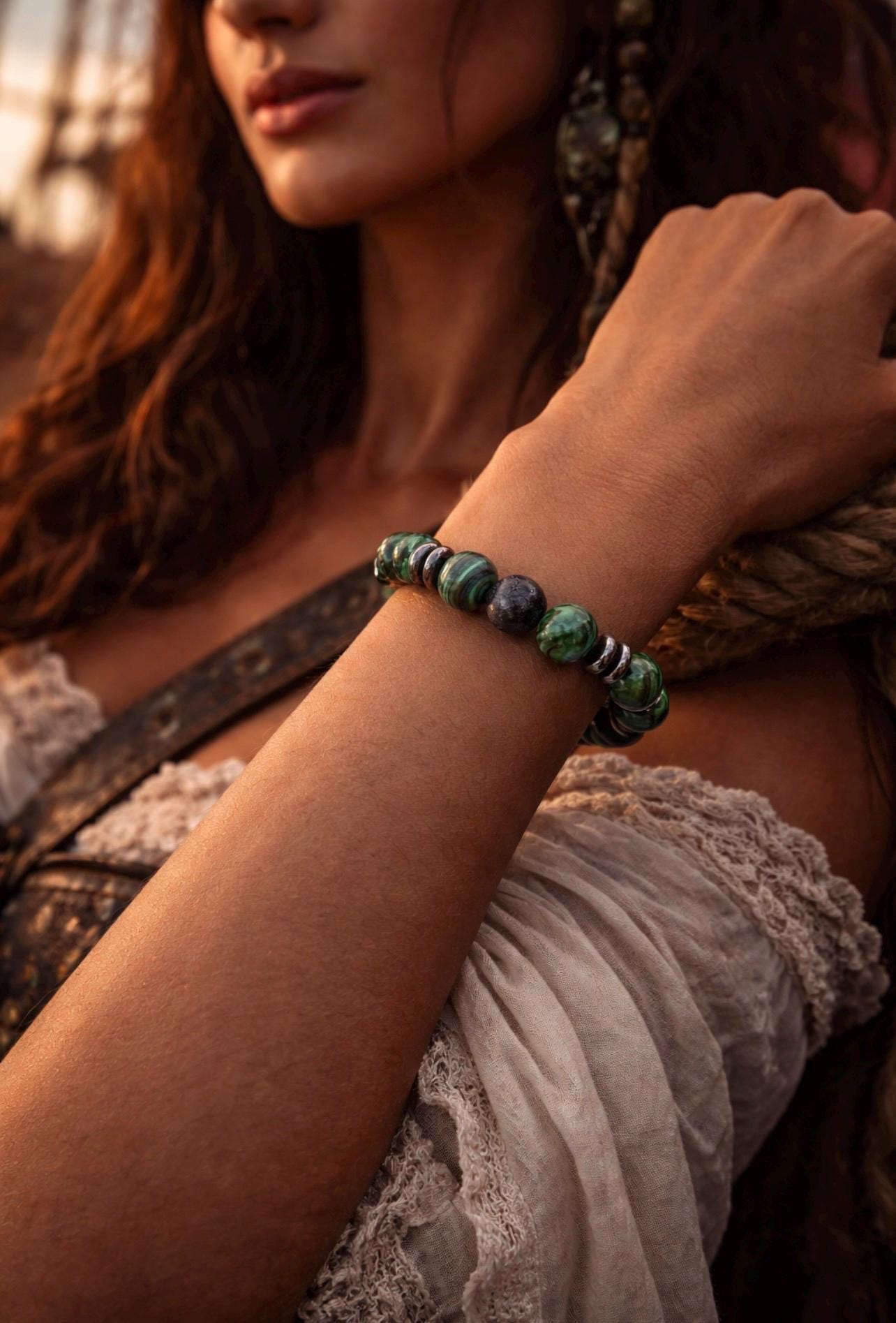 Green Malachite and Black Lava Bead Bracelet with Silver Accents – Stylish Statement Jewelry