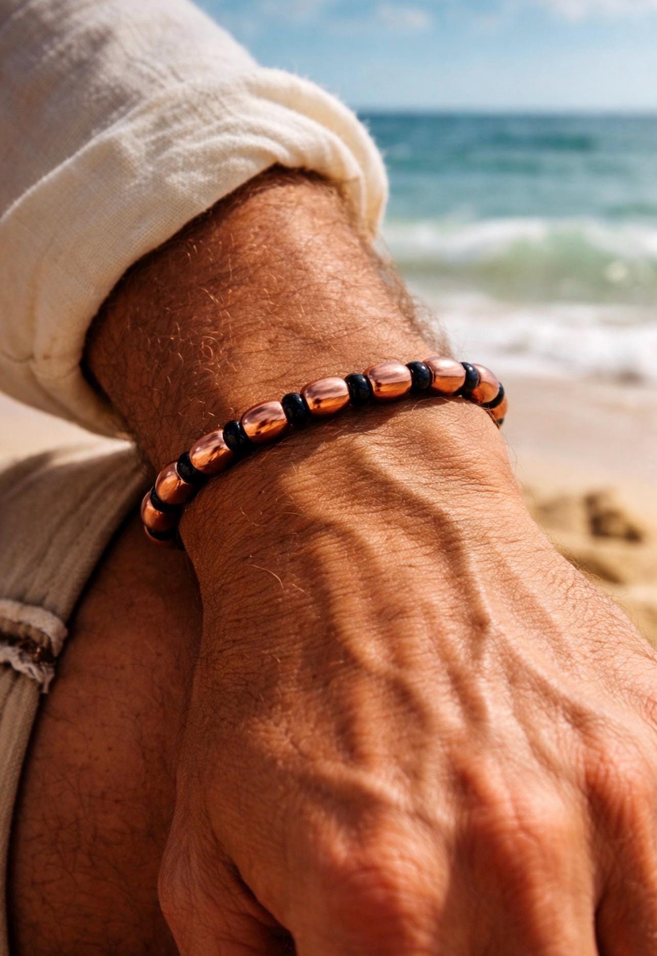 Men's Copper Oval Bead Bracelet – Black Spacers, Minimalist Style Gift