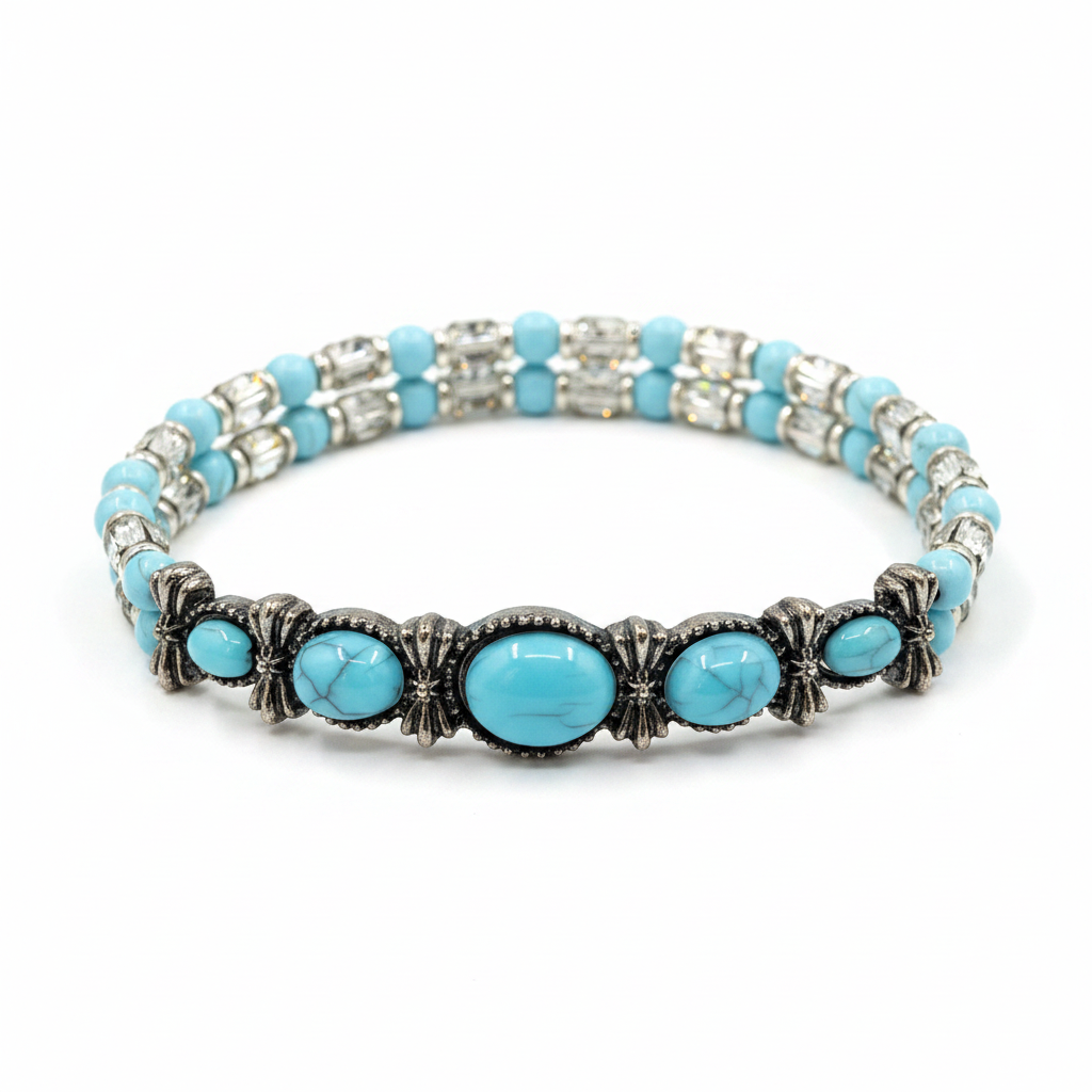 Desert Sky double strand turquoise cabochon and crystal bracelet on white background