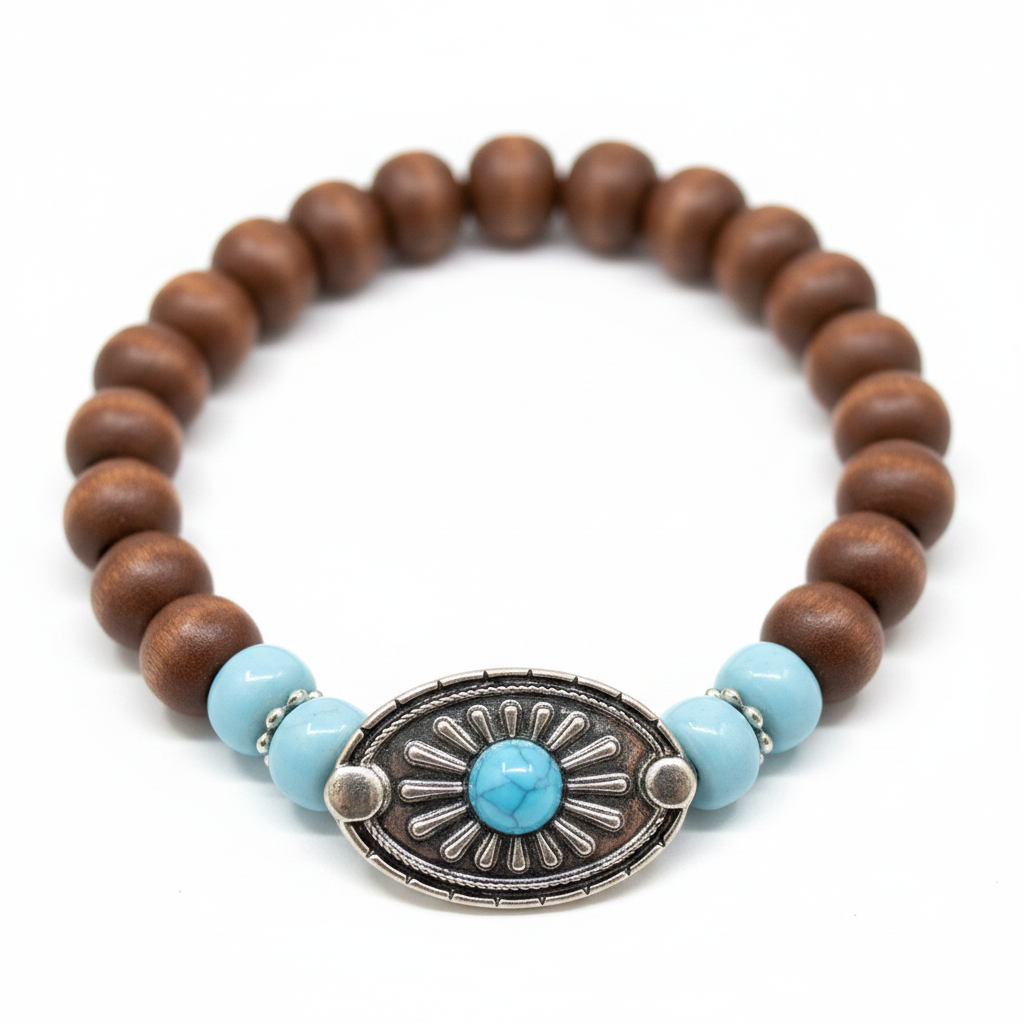 Desert Sky wood bead and turquoise concho stretch bracelet on white background