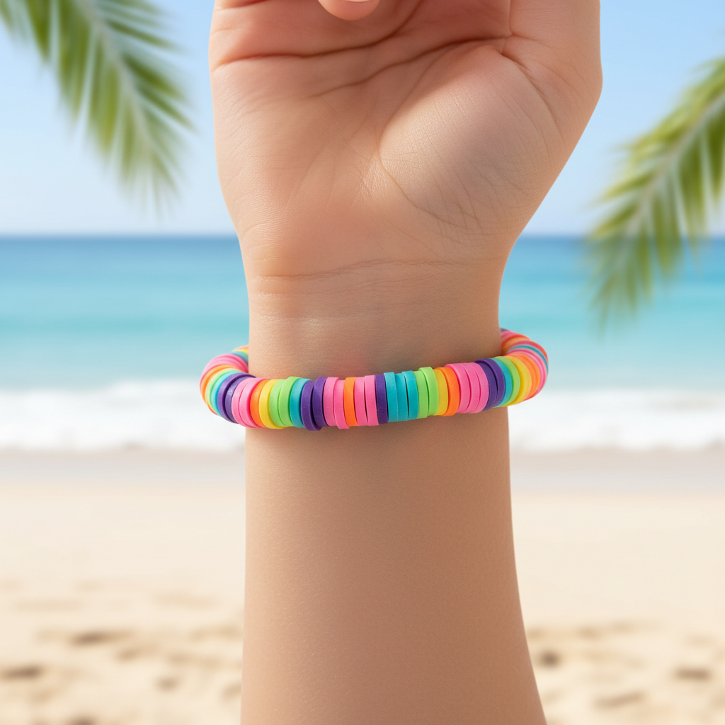 Rainbow clay heishi bead bracelet worn on wrist