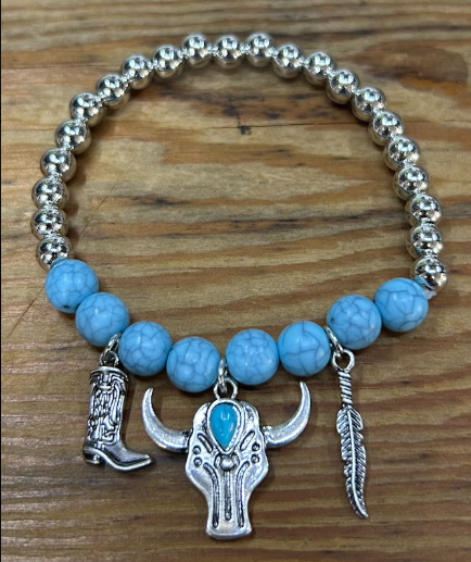 Desert Sky Collection – Western Charm Bracelet with Longhorn, Boot & Feather